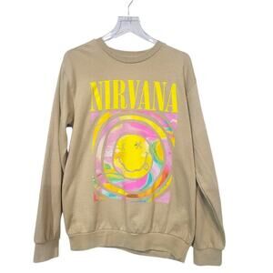 Nirvana WMS LG Graphic Sweatshirt Melting Smiley Face Psychedellic Oversized Tan